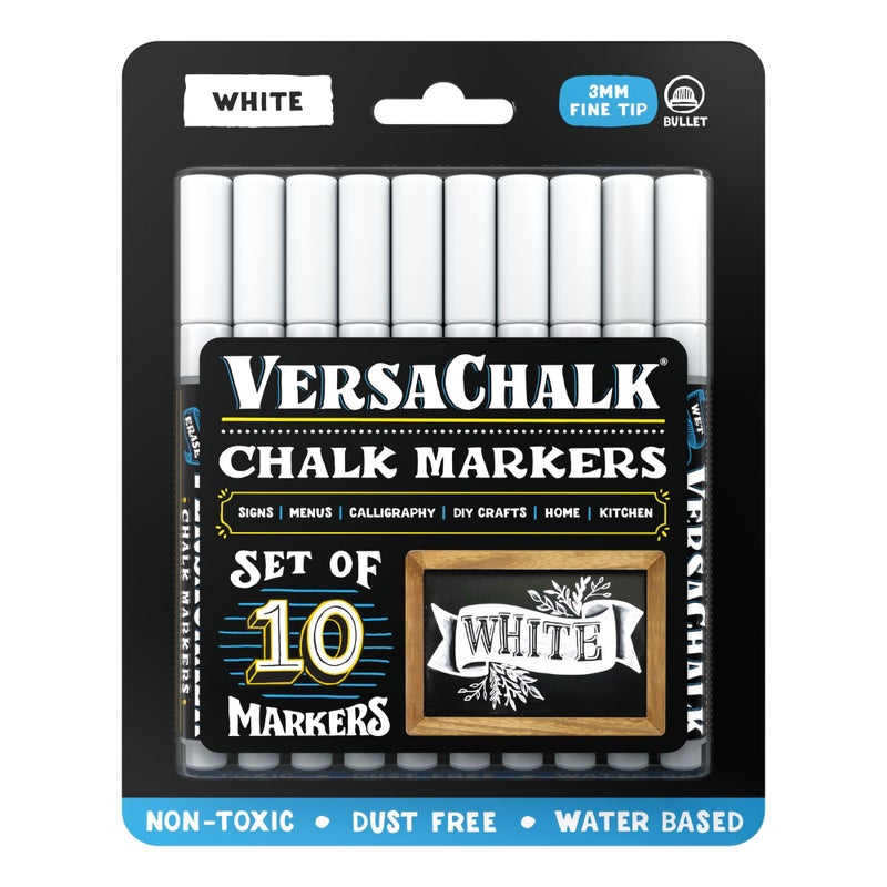 VersaChalk White Liquid Chalk Markers for Blackboards (Pack of 10, 3mm, Fine Tip) - Erasable Washable Chalk Pens for Chalkboard Signs, Windows an Non-Porous surfaces - Image 1